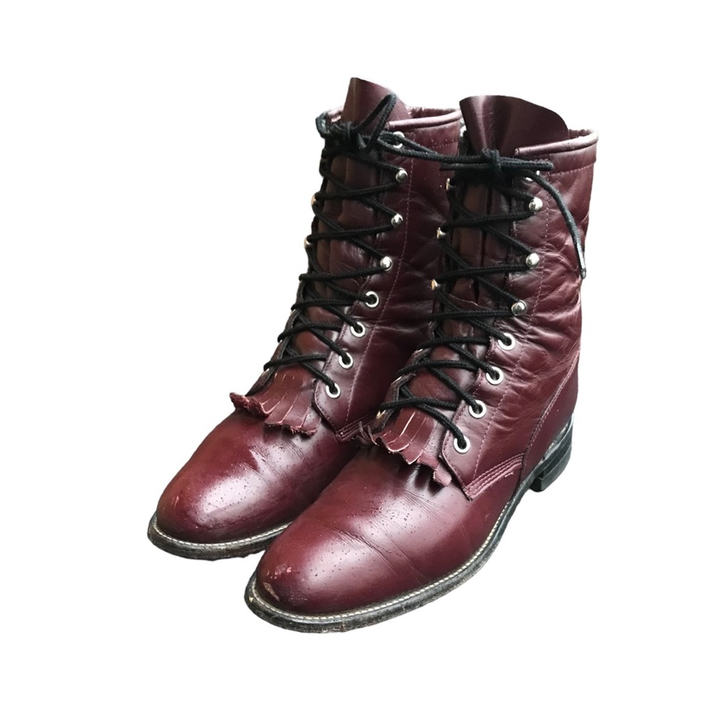 80s Vintage Burgundy Color US Women Size 7 Flat Lace Up Justin Boots-Roper boots